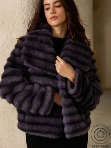 Revavyn 时尚别致的简约设计翻领人造毛皮夹克，美观优雅 - 紫色 - 查看 1