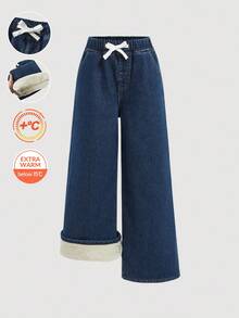 SHEIN 少女秋冬时尚复古做旧基础款简约休闲柔软保暖蓝色牛仔保暖内衬抽绳宽松阔腿牛仔裤，适合秋冬季日常穿着，返校季和圣诞节，街头风，阔腿牛仔裤，Y2K风格 - 深色水洗藍 - 查看 2