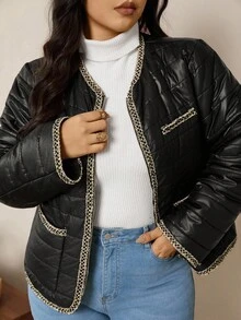 Zelara Plus Size Contrast Color Casual Long Sleeve Padded Coat, Versatile And Warm For Autumn/Winter Black Quilted Jacket Women Women Quilted Jacket Quilted Jacket With Trim Black Jacket With Gold Trim Lightweight Quilted Jacket Cropped Jackets Winter Jackets Autumn Party Fall - Black - View 3
