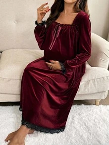 SHEIN Maternity Velvet Square Neck Lace Trim Tie Front Dress - Burgundy - View 1