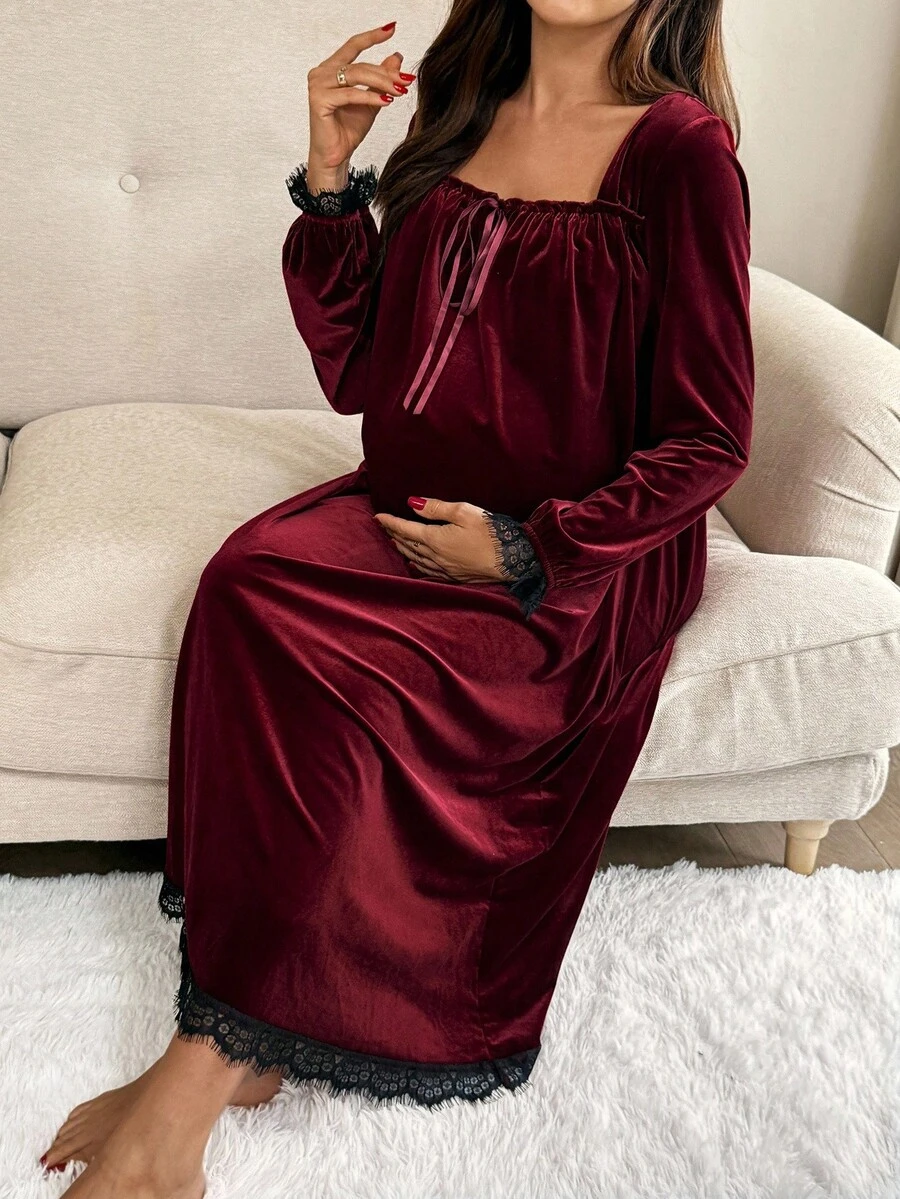 SHEIN Maternity Velvet Square Neck Lace Trim Tie Front Dress - Burgundy - View 1