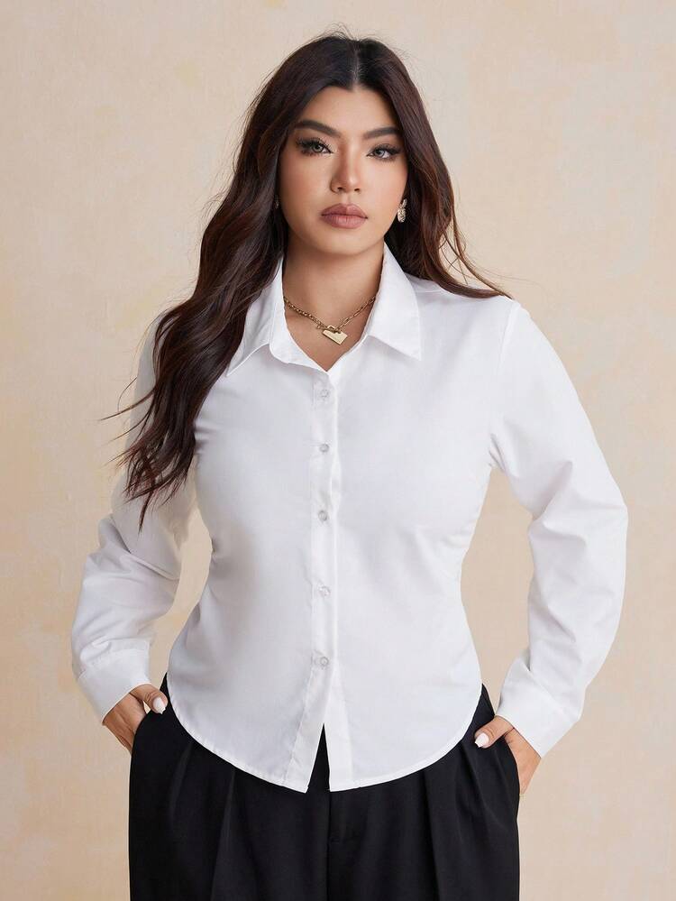 Dazy Plus Plus Size Women's Basic Solid Color Collared Fitted Long Sleeve White Casual Shirt Fall