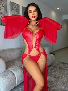 Fantasy Costume 3件套金属装饰链网布拼接PU性感内衣套装 - 紅色 - 查看 3