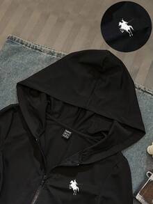 SHEIN EZwear 女式纯色修身连帽T恤，秋季 - 黑色 - 查看 3