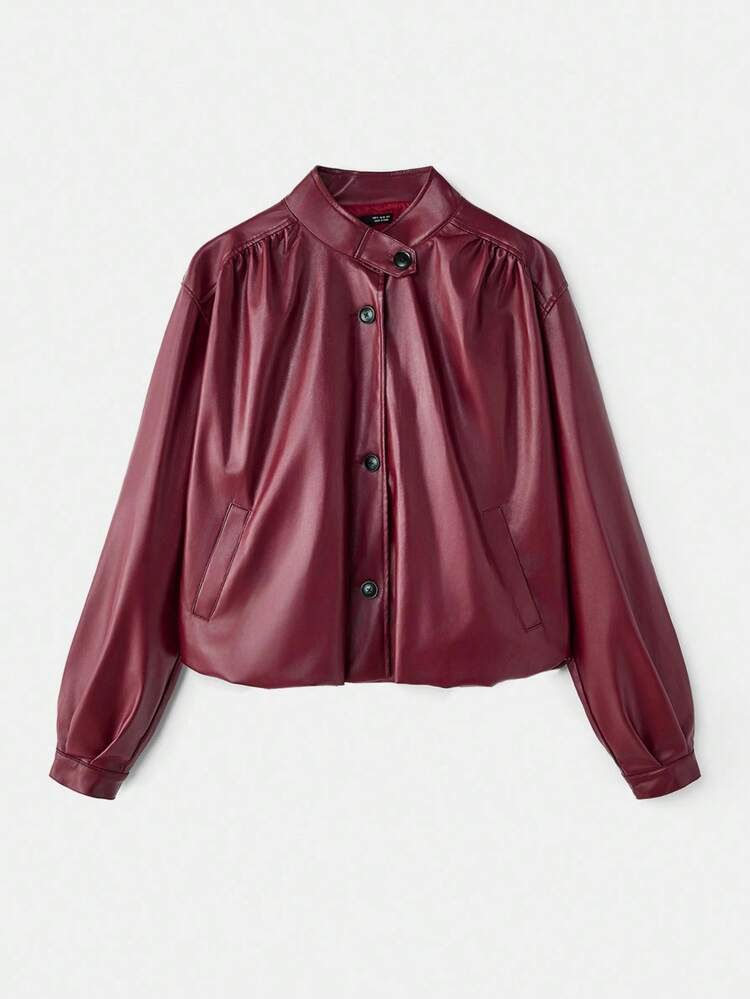 SHEIN Maija Red Autumn Modern Urban Casual Fashion Women Leather Jacket, Versatile & Loose Fit, Comfortable,Business Casual Woman,Christmas Goth Halloween,Fall For Women New Year Saudi National Day Party