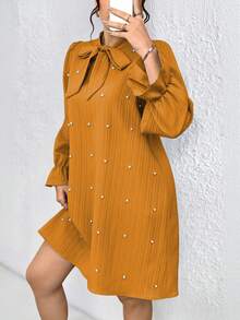 SHEIN Clasi 大码女式纯色领带仿珍珠装饰宽松时尚连衣裙 - 橘色 - 查看 1