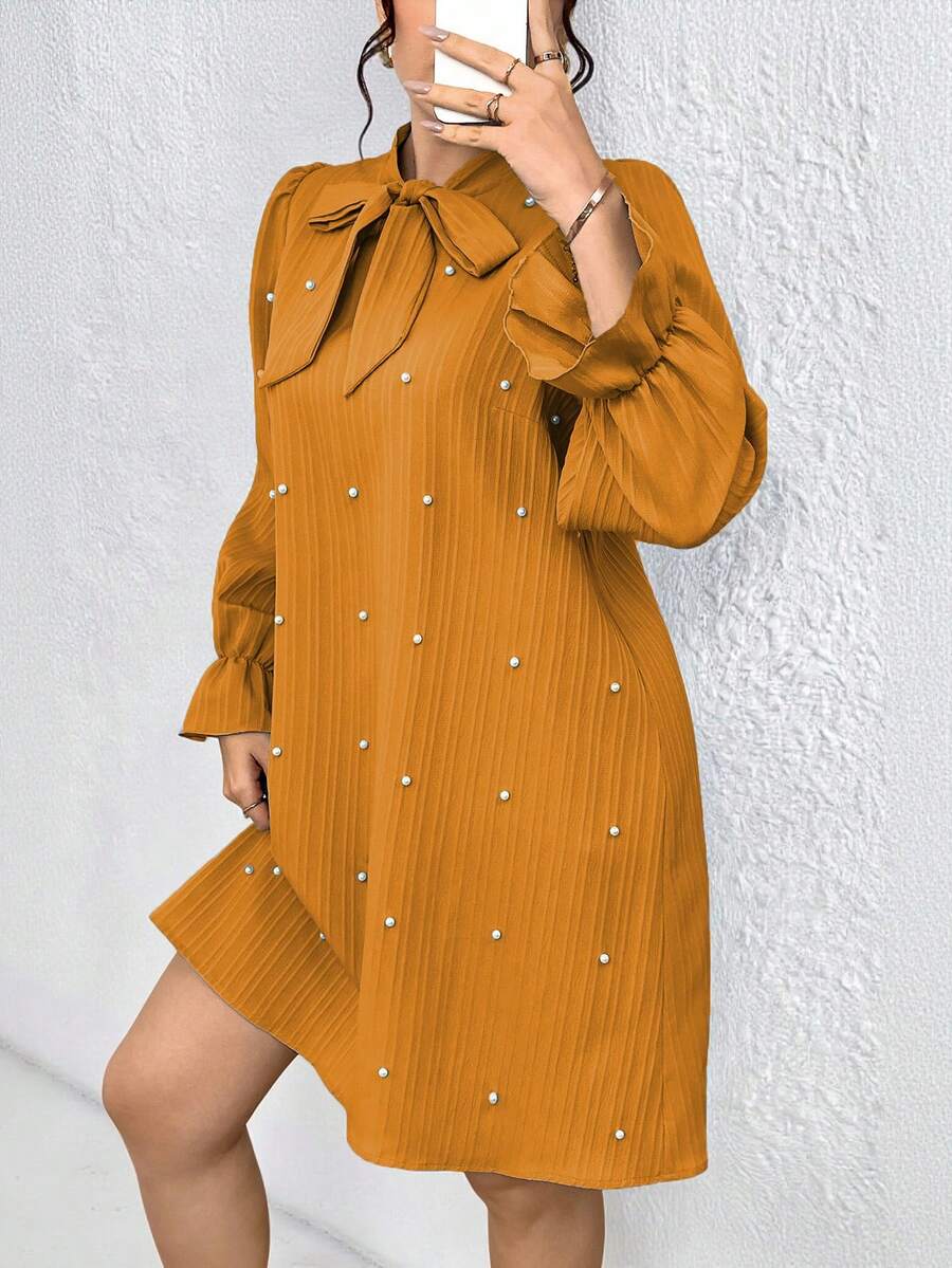 SHEIN Clasi 大码女式纯色领带仿珍珠装饰宽松时尚连衣裙 - 橘色 - 查看 1