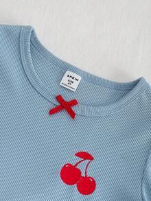 Young Girl' Grey-Blue Ribbed Cherry Print Long Sleeve Top & Ribbed Pants Pajama Set Fall Winter