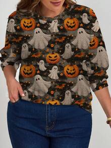 EMERY ROSE Áo nỉ chui đầu cổ tròn tay dài dáng rộng in hình ma, dơi, bí ngô giả Halloween cỡ lớn dành cho nữ, mùa thu/đông - Nhiều màu - Xem 4