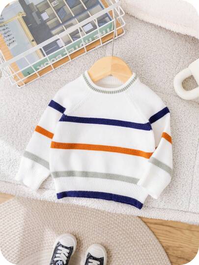 SHEIN Back To School & Graduation Season Young Boys' Casual Comfortable Versatile Cute Colorful Striped Loose Elastic Pullover Sweater, Autumn/Winter Fall