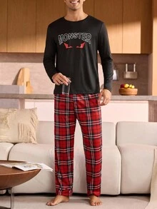 Manfinity Underwear&Sleepwear Basics Plus Size Men's Pajama Set (Long Sleeve Top And Pants, 2 Pieces) - Red - View 5