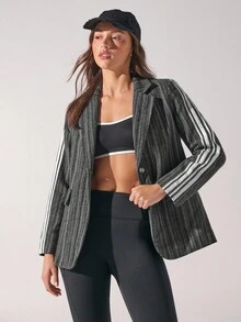 Menodora SHEIN Sport Áo blazer nữ thời trang công sở kẻ sọc tương phản, trang phục mùa thu đông cho nữ - màu đen - Xem 1