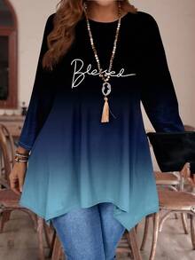 EMERY ROSE Casual Minimalist Ombre Print Long Sleeve Loose T-Shirt, Plus Size, ,Spring/Summer/Vacation Fall - Multicolor - View 3