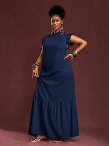 Veslaya Đầm maxi dáng rộng, màu kaki trơn, chất liệu vải dệt họa tiết, không tay, viền bèo nhún, cổ đứng, cỡ lớn, hàng mới về mùa Xuân/Hè, thích hợp cho kỳ nghỉ, thanh lịch và thường ngày. - Màu xanh hải quân - Xem 4