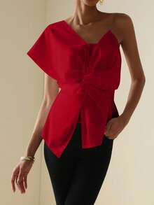 Vesra 女式纯色扭结腰部设计时尚衬衫 - 紅色 - 查看 5