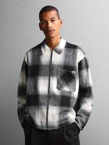 SUMWON 经典水牛格纹羊毛混纺夹克，前拉链闭合，大格子图案，温暖冬季休闲外套 - 黑與白 - 查看 1