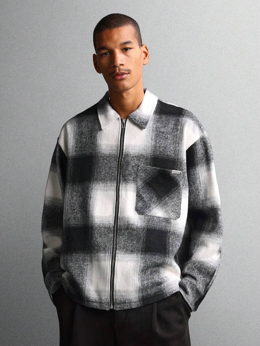 SUMWON 经典水牛格纹羊毛混纺夹克，前拉链闭合，大格子图案，温暖冬季休闲外套 - 黑與白 - 查看 1
