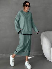 EURMUSE Damen gestreifter detaillierter Pullover und langer Rock Set Co-Ords - Minzgrün - Übersicht 7