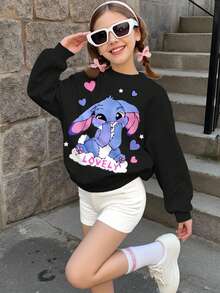 SHEIN Tween Girls' Casual Loose Fit Crew Neck Comfortable Long Sleeve Sweatshirt, Suitable For Autumn/Winter - Multicolor - View 2