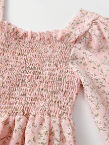 SHEIN Tween Girl Ditsy Floral Print Flounce Sleeve Frill Trim Shirred Dress