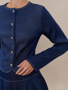 Modelyn 2pcs/Set Urban Elegant Metal Buckle Women Long Sleeve Top And Mini Skirt,Autumn Clothes For Women,Thanksgiving - Blue - View 2