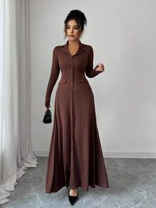 Elenzga 优雅通勤棕色翻领收腰修身纽扣装饰大A字形后背蝴蝶结长袖超长连衣裙，女士秋冬装 - 棕色 - 查看 4