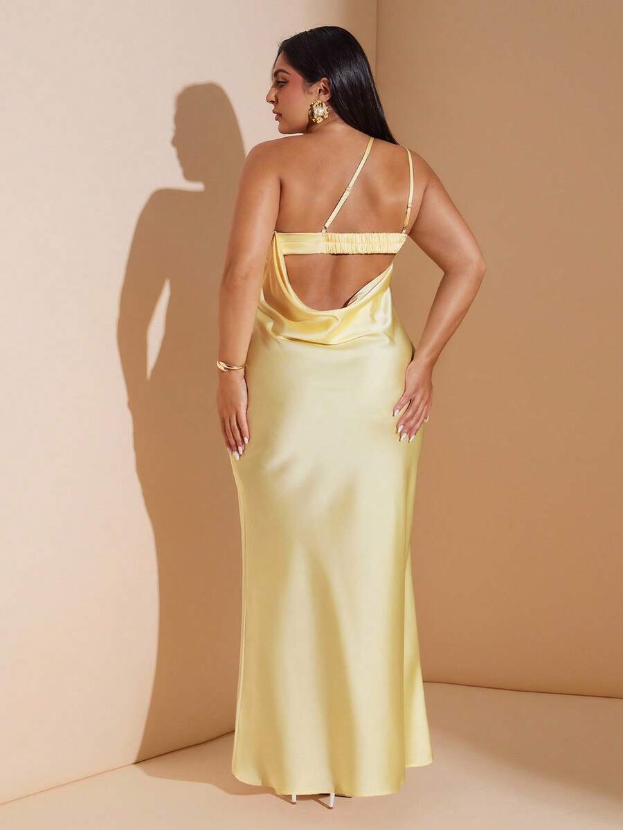 SHEIN BAE Váy cưới satin trơn màu vàng kem cỡ lớn, cổ khoét sâu hở lưng, buộc dây, sang trọng cho khách dự tiệc cưới, kỳ nghỉ ở bãi biển - Màu vàng - Xem 1