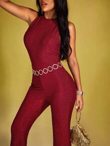 INAWLY جمبسوت نسائية ضيقة الجسم بقصة فستان مع ظهر مكشوف وساقين واسعتين من قماش مخملي بلون بوردو لامع، أنيقة وجذابة - عنابي اللون - مشاهدة 1