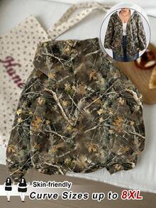 SHEIN CURVE+ 女士加大码秋冬情侣装/基础款/户外迷彩内衬拉链绿色宽松长袖运动衫，长袖上衣秋冬 - 彩色 - 查看 1