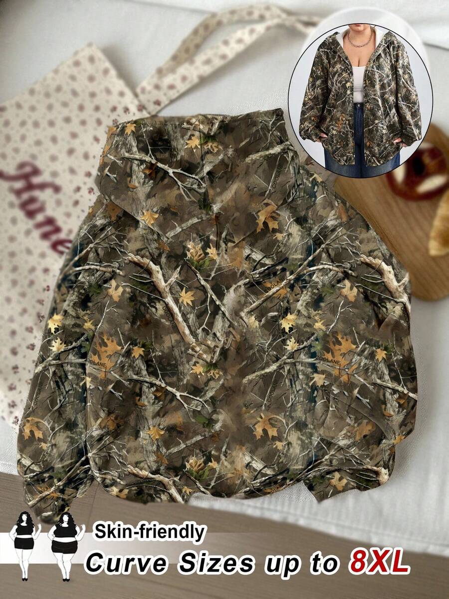 SHEIN CURVE+ 女士加大码秋冬情侣装/基础款/户外迷彩内衬拉链绿色宽松长袖运动衫，长袖上衣秋冬 - 彩色 - 查看 1