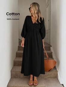 Easowa Sukienka damska długa, luźna, do pracy w stylu vintage, z dekoltem w serek, wiązaniem w talii i kokardą, z rozszerzanymi rękawami i plisowaną talią w kształcie litery A, z podwójną warstwą krepy, z bawełny pochodzenia naturalnego