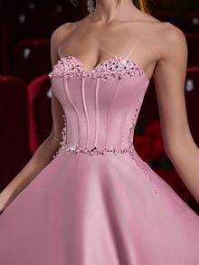 Glamrae 优雅的莲藕粉色光泽缎面露肩领口亮片拼布鱼骨带串珠刺绣超大 A 字裙，配有可调节领带，适合约会、度假、单身、生日、成人仪式、派对、舞会、婚礼、毕业典礼、正式晚会 - 藕粉色 - 查看 3