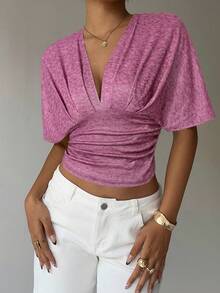 Aloruh Apricot Deep V Ruched Short Sleeve Tight Fitted Women T-Shirt - Burgundy - View 3