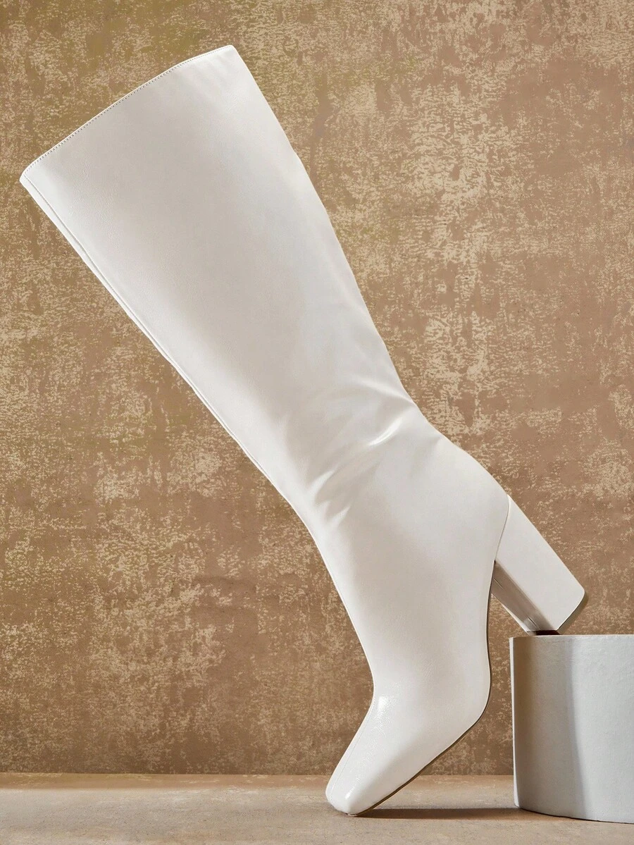 SHUZIA 女士时尚舒适及膝侧拉链粗跟靴 - 白色 - 查看 1