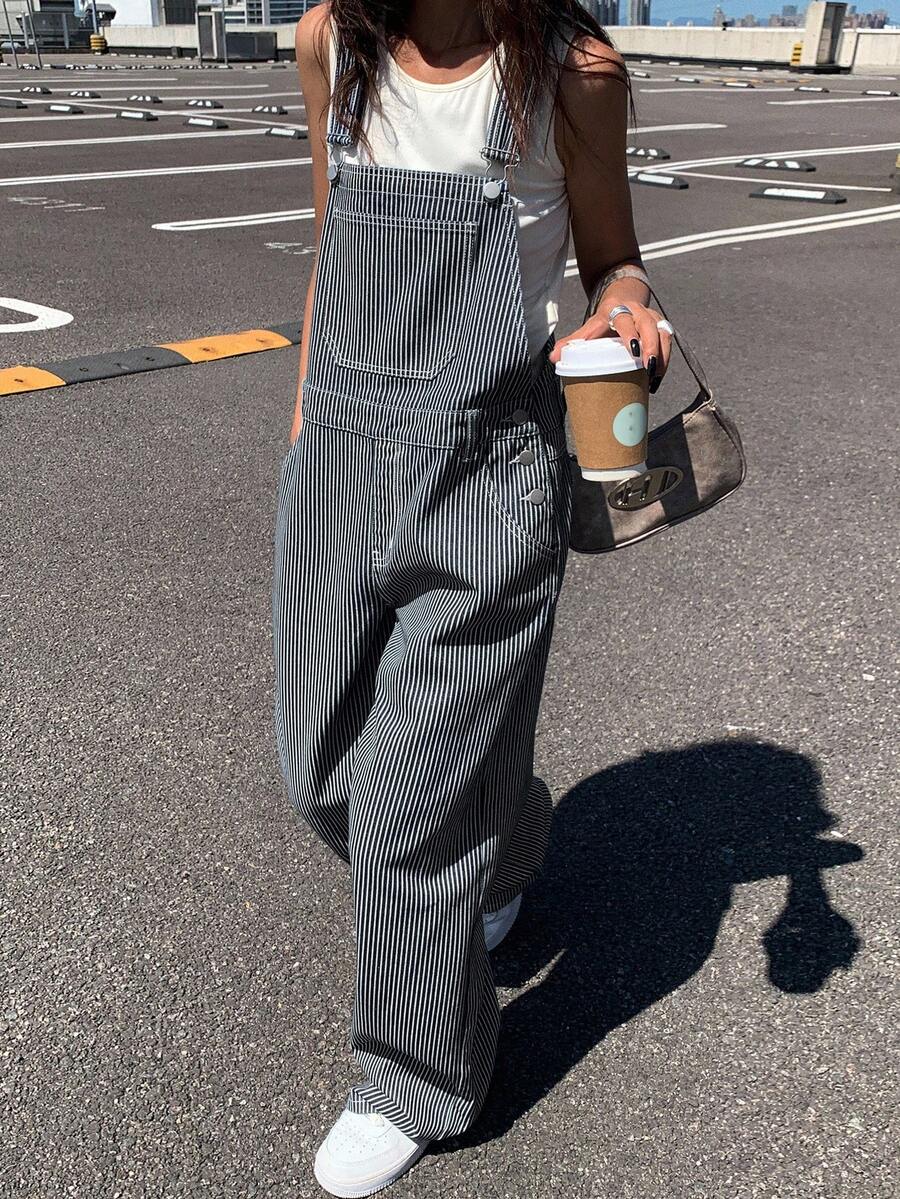 DAZY Women's Casual Everyday Versatile Striped Loose Denim Overalls Fall/Winter Y2k - Blue - View 1