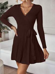 EMERY ROSE Women's Solid Color Wrap Tie Waist Long Sleeve Pleated Hem Casual Knit Dress, Autumn - Coffee Brown - View 5