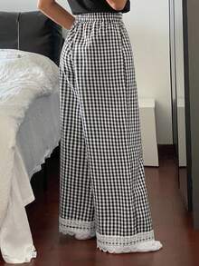 DAZY Women's Plaid Wide Leg Ruffle Trim Pajama Bottoms, Fall - Black and White - View 2