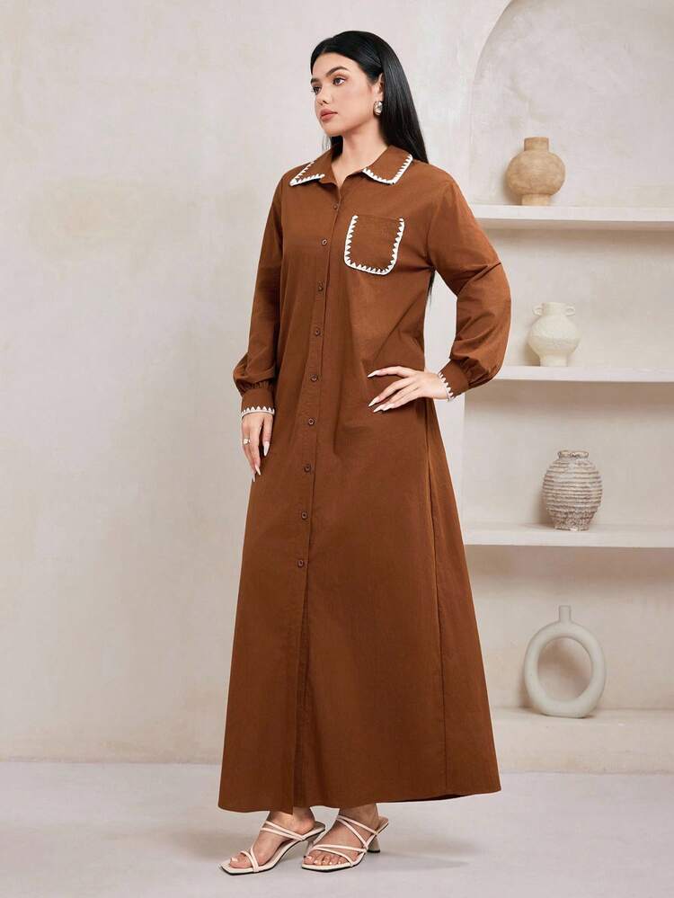Veilorie Conservative Casual Contrast Trim Arabic Style Dress For Women - Coffee Brown - View 4