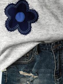 EMERY ROSE Floral Pattern Casual Loose Fit Crew Neck Plus Size Hoodie Sweatshirt For Women, Suitable For Back To School, Teacher's Day, Halloween, Christmas, Fall/Winter