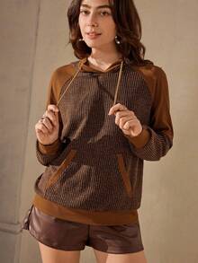 Wildy 女士秋冬水溶性蕾丝拼接罗纹休闲棕色连帽卫衣 - 摩卡棕 - 查看 6