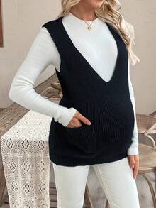 SHEIN Maternity Solid Color Deep V-Neck Dual Pocket Casual Loose Knit Vest, Autumn/Winter - Black - View 7