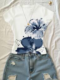 INAWLY Camiseta ajustada de manga corta con cuello redondo y estampado floral casual para mujer, verano