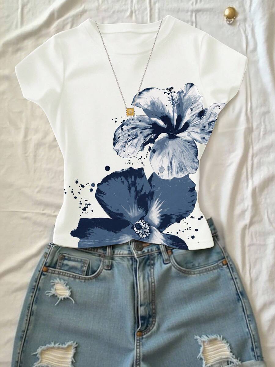 Áo thun ôm dáng cổ tròn tay ngắn in họa tiết hoa giản dị dành cho nữ, mùa hè - trắng - Xem 1