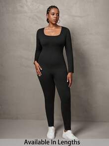 SHEIN Tall CURVE 大码优雅休闲纯色黑色长袖紧身连体裤，U 领 - 黑色 - 查看 1