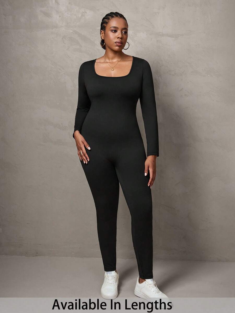 SHEIN Tall CURVE 大码优雅休闲纯色黑色长袖紧身连体裤，U 领 - 黑色 - 查看 1