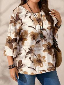 Mellowie Áo sơ mi cổ tròn tay 3/4 in họa tiết tối giản giản dị cỡ lớn, phù hợp cho mùa thu/đông - Nhiều màu - Xem 4