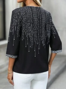 EMERY ROSE Áo cánh tay raglan cổ chữ V, dáng rộng, sáng bóng, thường ngày cho nữ - màu đen - Xem 2