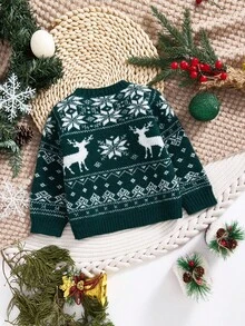 SHEIN 4件套男婴亲子装，绿色小鹿雪花提花图案宽松套头毛衣，加厚保暖内衬，适合圣诞节和冬季穿着。 - 綠色 - 查看 2