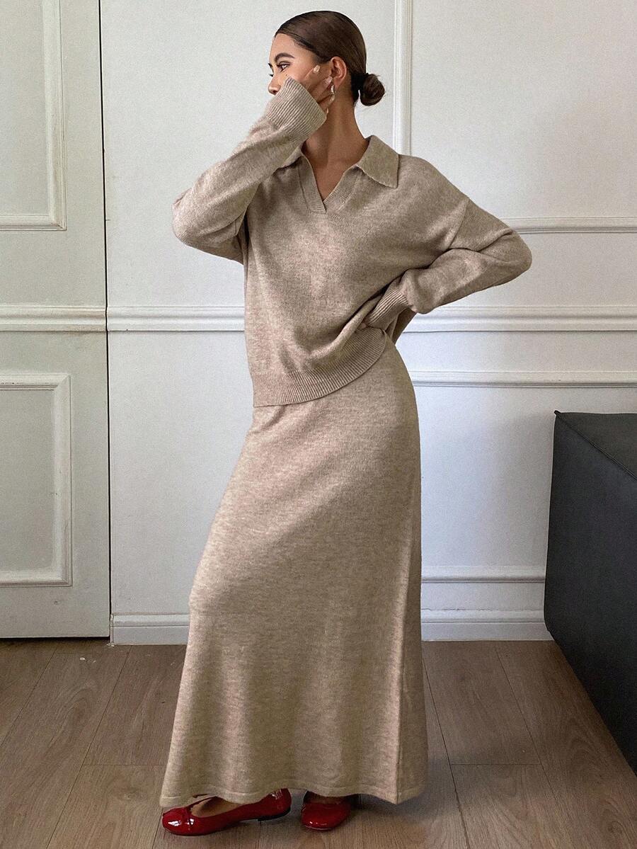 Livesso 女式 V 领长袖毛衣上衣和宽松半身裙两件套，秋季 - 卡其色 - 查看 1