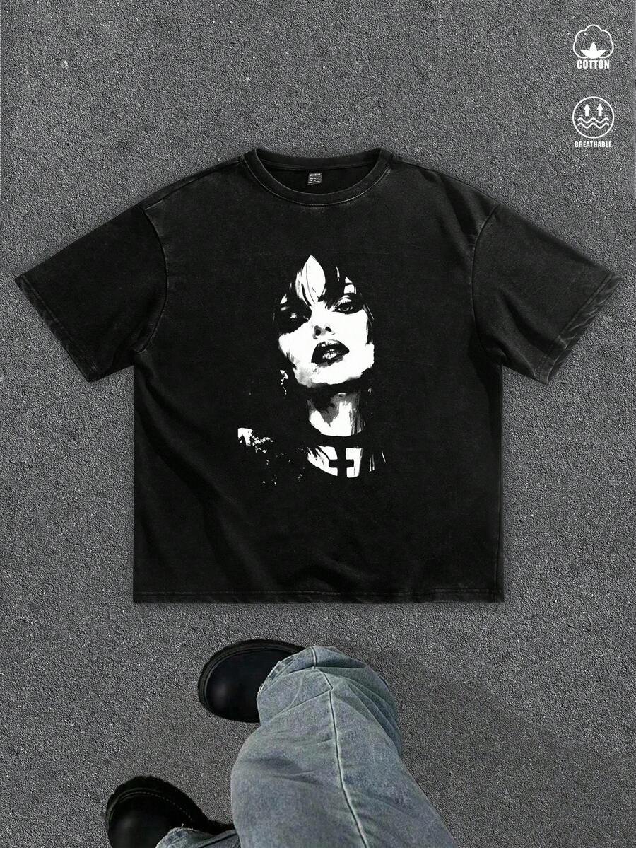 Manfinity ZONE917 Men's Dark & White Vampire Lady Wet Print Black Splatter Graphic T-Shirt - Black - View 1